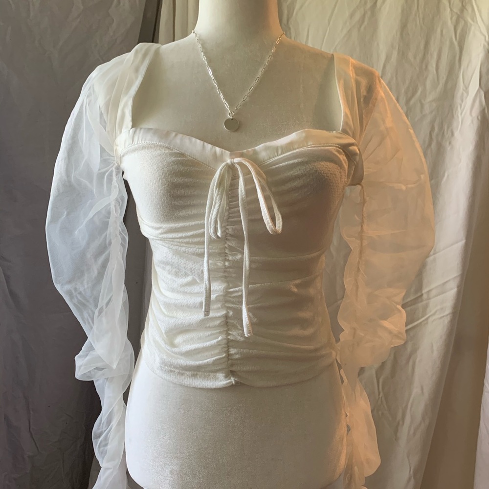 Shein white top with sheer sleeves